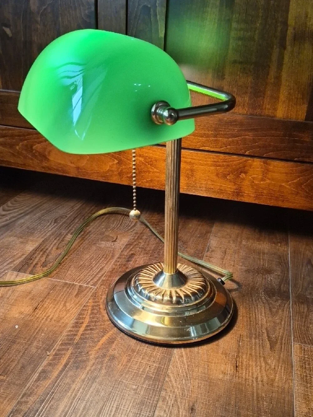 Green Banker Table Lamp with Brass Colored Base